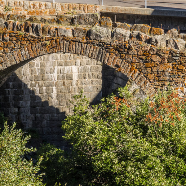 Steinbogenbrücke über die Gotthardreuss, teilweise von Grün überwuchert.