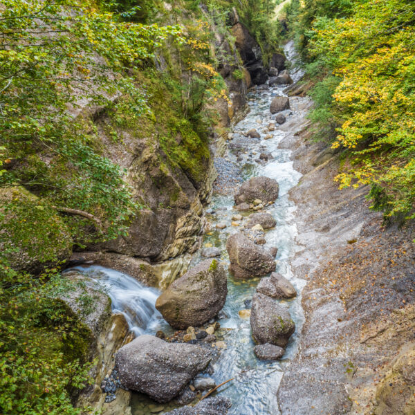 Huetgraben: Schlucht mit Bachlauf, Felsen und üppigem Grün. Natur pur!