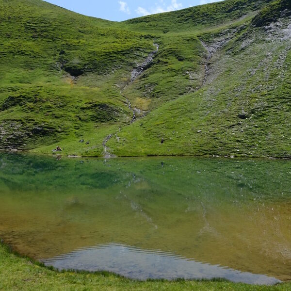 Lac de Catogne: Idyllischer Bergsee mit grünen Hängen im Wallis, Schweiz.