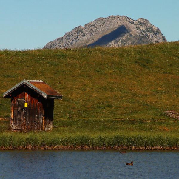 Hütte am Lac de Conche vor Bergkulisse mit Enten im Wasser.