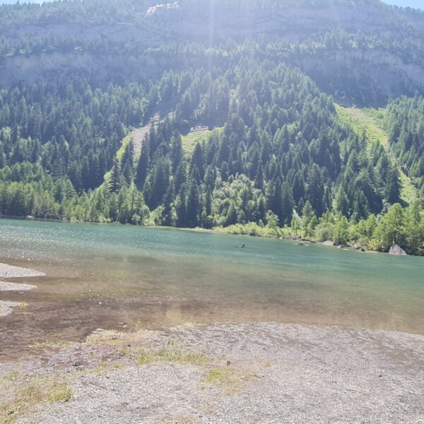 Lac de Derborence: Ruhiger Bergsee mit bewaldeten Hängen und Person am Ufer.