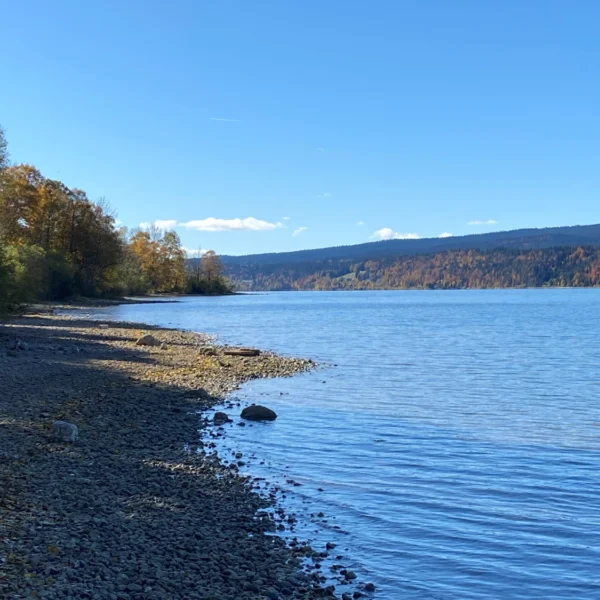 Ein ruhiger See mit felsigem Ufer, gesäumt von herbstlich gefärbten Bäumen. Das Wasser spiegelt den klaren blauen Himmel wider, und im Hintergrund erheben sich bewaldete Hügel im hellen Sonnenlicht.