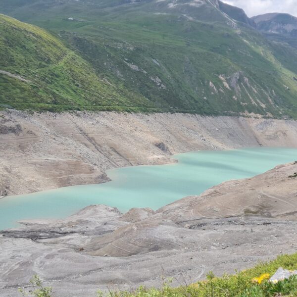 Türkisfarbener Lac de Moiry Stausee in den Schweizer Alpen vor grünen Bergen.