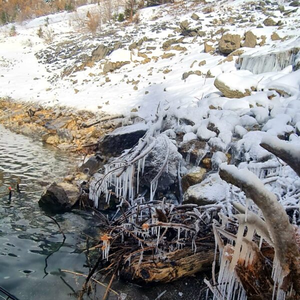 Schneebedeckter felsiger Abhang mit immergrünen und spärlichen Herbstbäumen im Hintergrund. Im Vordergrund hängen Eiszapfen von Treibholz am kalten, klaren Lac de Tseuzier in der Schweiz - eine winterliche Szene, die perfekt für Wanderfreunde ist.