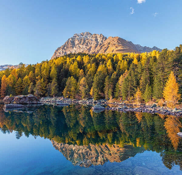 Lagh da Saoseo: Herbstliche Spiegelung des Sees mit Bergen und Bäumen
