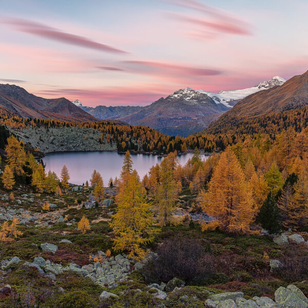 Herbstliche Landschaft am Lagh da Val Viola See mit Bergen und rosa Himmel.