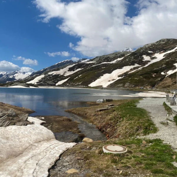Ein malerischer Gebirgspass in der Schweiz mit dem Laghetto Moesola, einem Alpensee, Schneefeldern und einer kurvenreichen Straße. Im Hintergrund erheben sich schneebedeckte Gipfel unter einem teilweise bewölkten Himmel. Auf einem Schild rechts steht „St. Bernhard 2473 m“.
