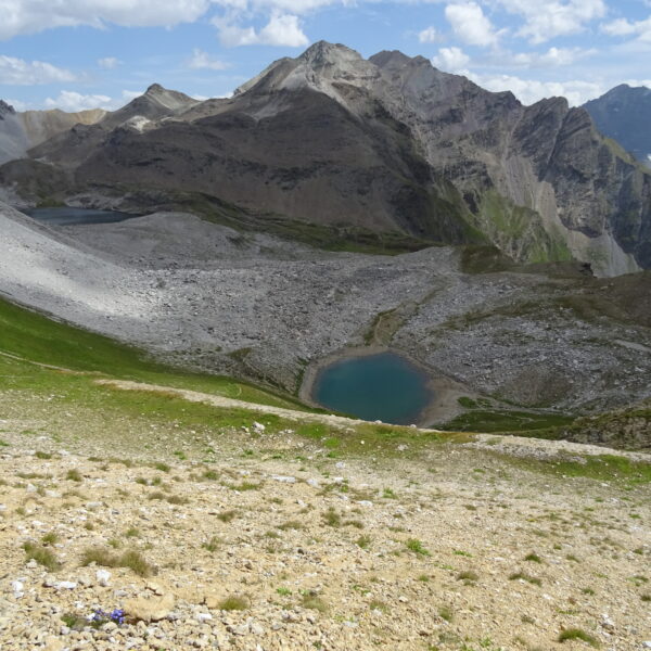 Lai Mort: Bergsee in alpiner Landschaft mit Geröllfeld und grünen Hängen.