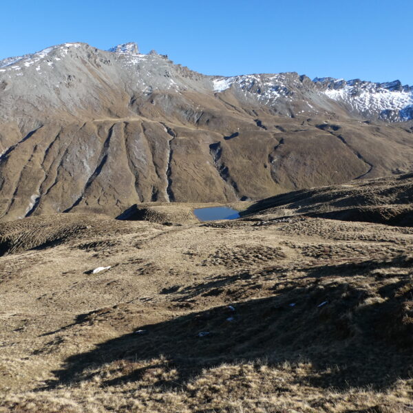 Lai da Schmorras: Bergsee in den Alpen mit schneebedeckten Gipfeln im Hintergrund.