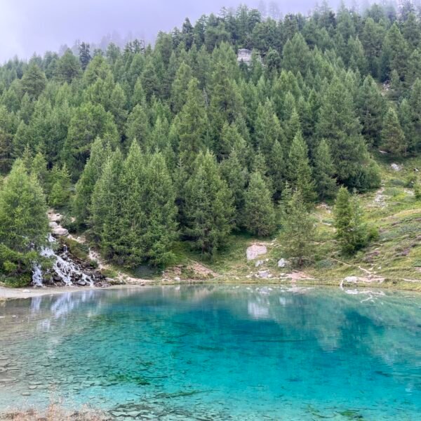 Ein klarer, blauer See - Lac Bleu bei Arolla - spiegelt sich in dichten Kiefern an einem nebligen Berghang, in den ein kleiner Wasserfall fließt. Die ruhige Szenerie ist von üppigem Grün umgeben, was sie zu einem beliebten Ort für Wanderer macht.