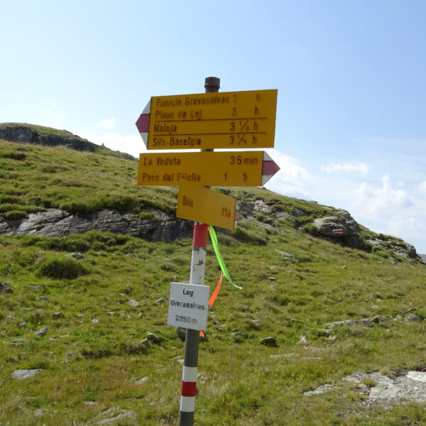 Gelbe Wanderschilder in den Schweizer Alpen, Wegweiser zum Leg Grevasalvas (2350 m).