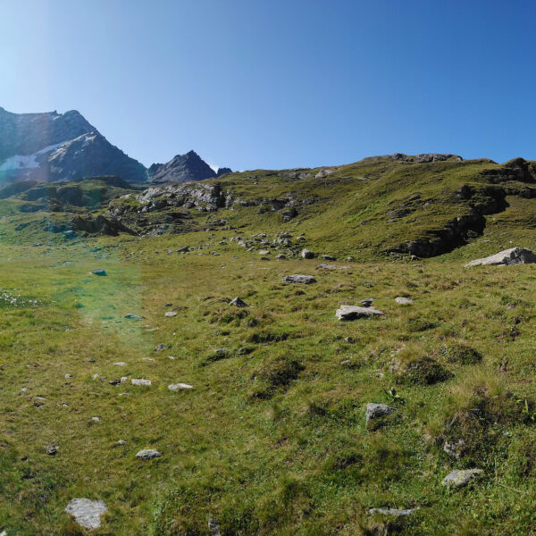 Lejin S-chaglia: Panorama eines Bergsees mit grünen Wiesen und felsigen Gipfeln unter blauem Himmel.