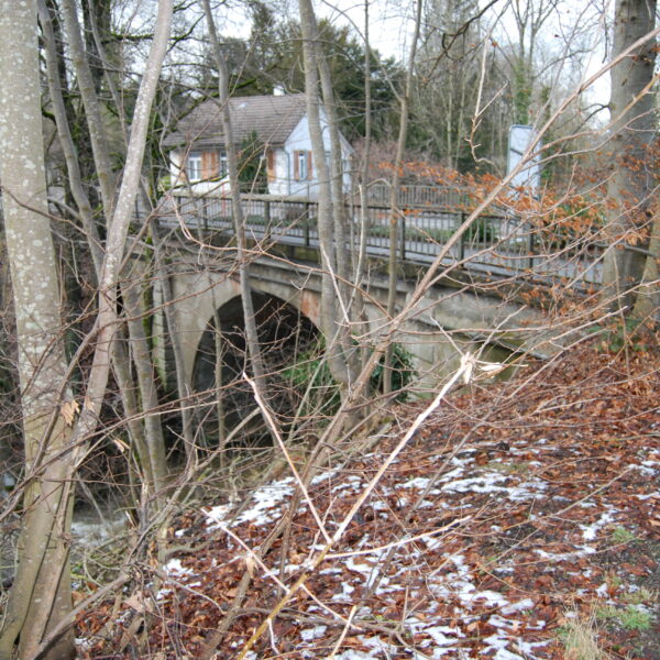 Steinbrücke über die Lützelmurg mit Haus im Hintergrund, teilweise Schnee