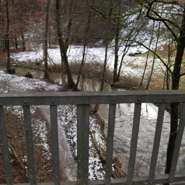 Blick von einer Brücke auf die Lützelmurg im Winter mit Schnee und Bäumen.