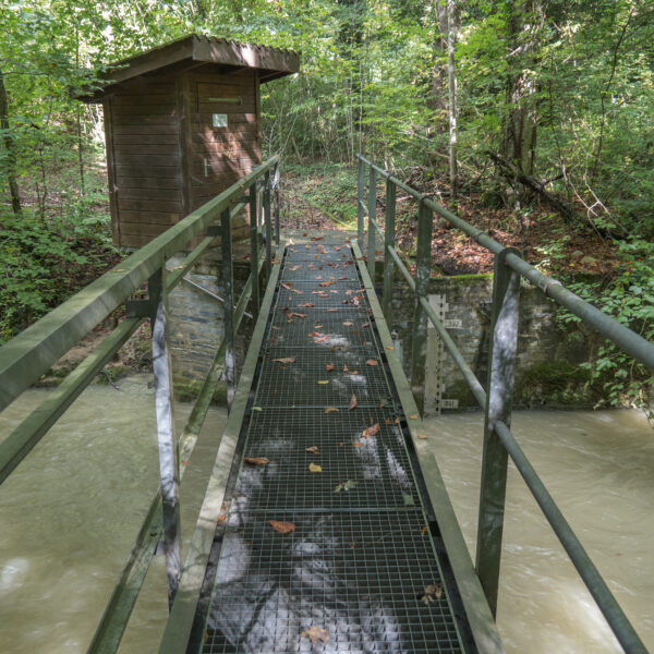 Metallbrücke über trüben Fluss bei Promenthouse, mit kleinem Holzhaus am Ufer.