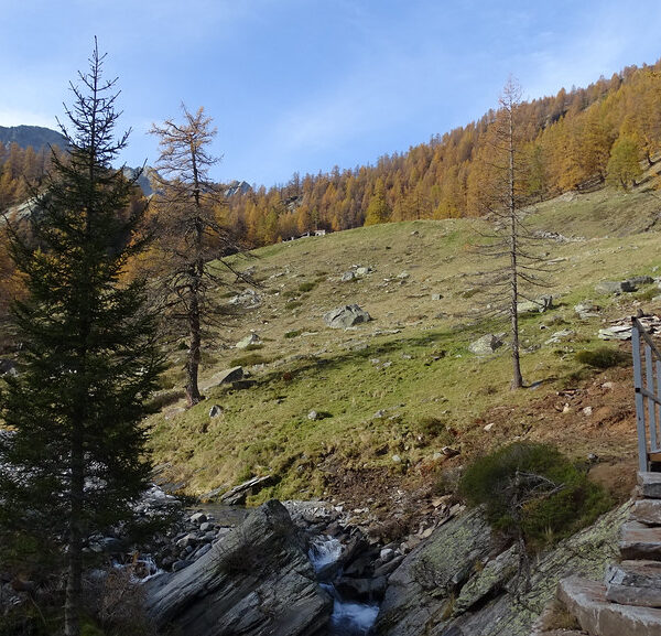 Herbstliche Landschaft mit Brücke über einen Bach in Ri di Sfii.