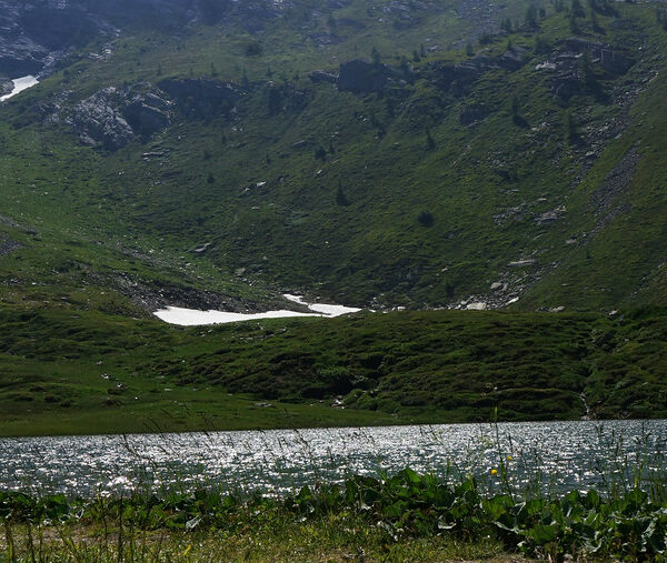 Rotelsee: Idyllischer Bergsee mit grünen Hängen und Schneeflecken im Sommer.