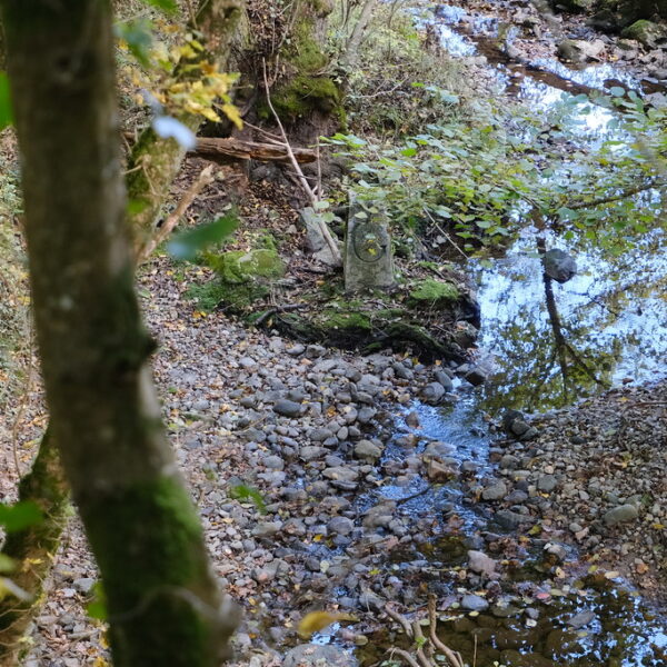 Ruisseau de Tuernant: Bachlauf mit Steinen und einem alten Grenzstein im Wald.