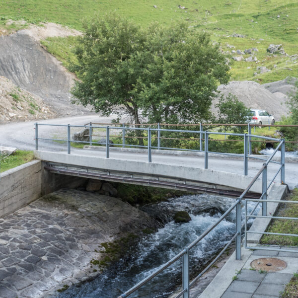 Brücke über den Ruosalper Bach in einer grünen Landschaft mit Baum und einem Auto im Hintergrund.