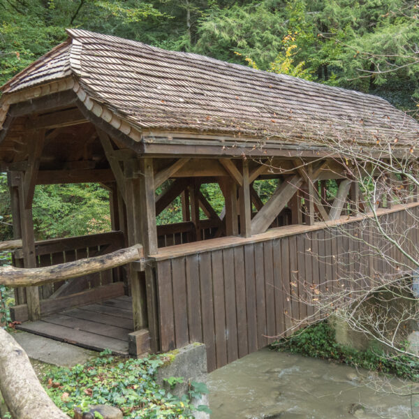 Gedeckte Holzbrücke über Bach in Sandoleyre, Schweiz. Traditionelle Bauweise mit Schindeldach.