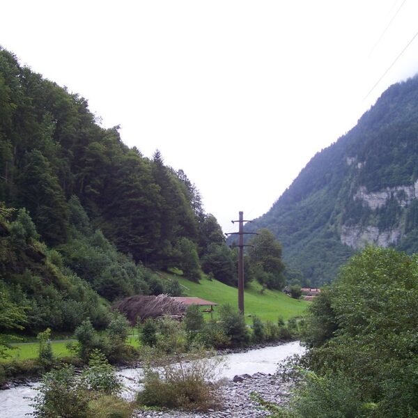 Schwarze Lütschine Fluss zwischen grünen Bergen in der Schweiz.