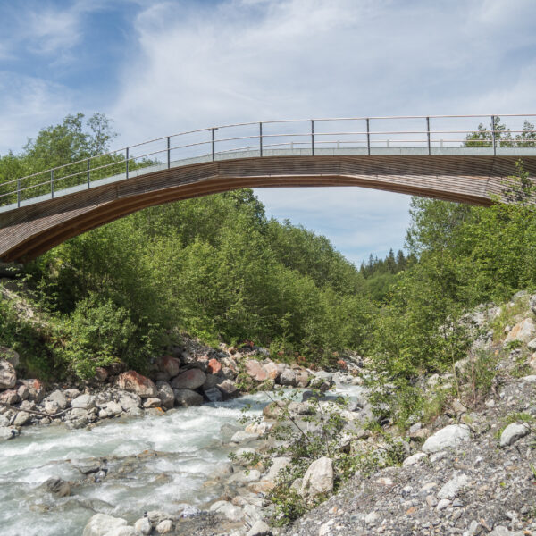 Holzbrücke über die Schwarze Lütschine, umgeben von üppigem Grün und Felsen.