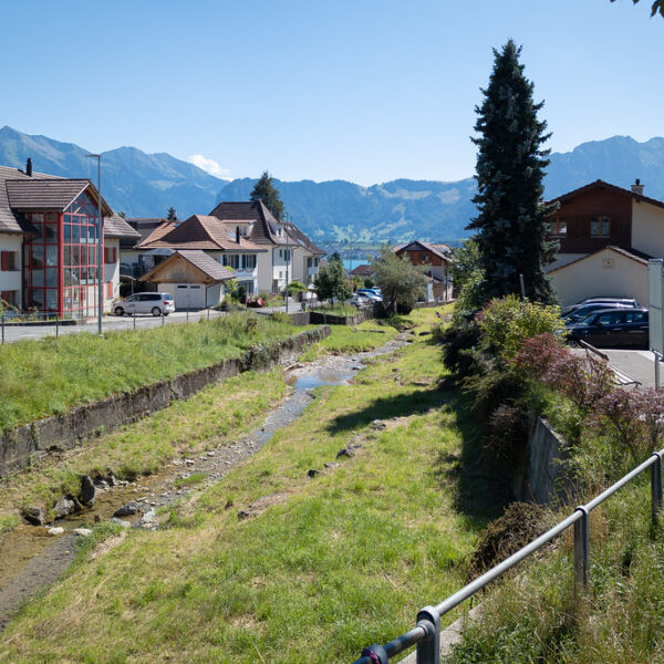 Seegartenbach Bachlauf in ländlicher Umgebung mit Häusern und Bergen im Hintergrund.