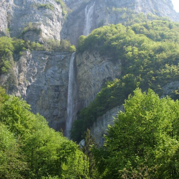 Seerenbach Wasserfälle stürzen von Felsen, umgeben von üppigem Grün.