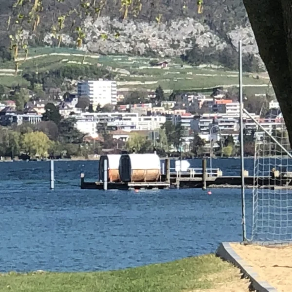 Eine Seeszene am Sempachersee mit einem Steg und zwei fassförmigen Hütten auf dem Wasser, einem Sandbereich und einem Baum im Vordergrund und einer Stadt mit weißen Gebäuden und Grünflächen auf der anderen Seite des Sees.