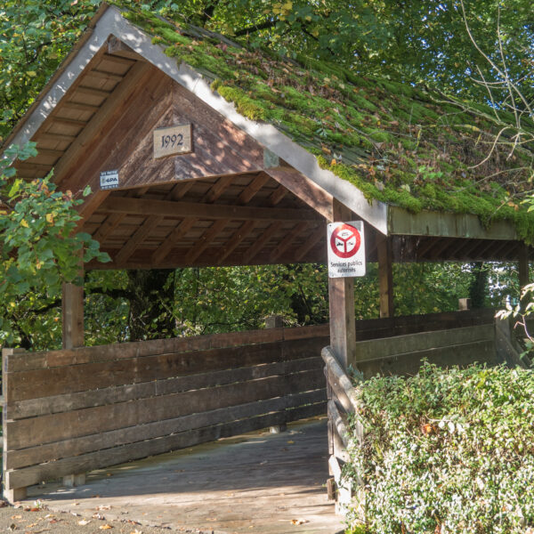 Überdachte Holzbrücke mit Moos auf dem Dach, Baujahr 1992. Schild mit 