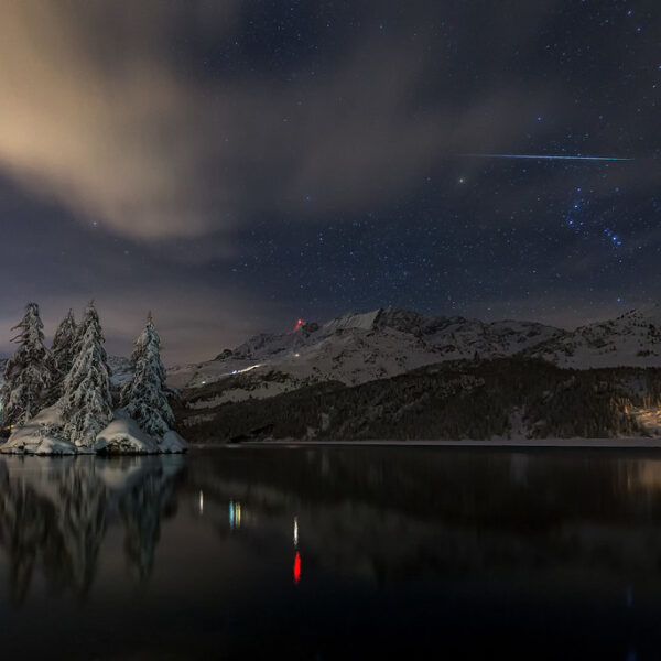 Winterliche Nacht am Silsersee (Lej da Segl) mit Sternen und verschneiten Bäumen.