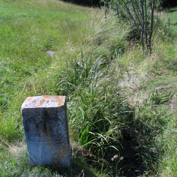 Grenzstein auf einer grünen Wiese in Sulgenbach. Markiert eine Grenze.