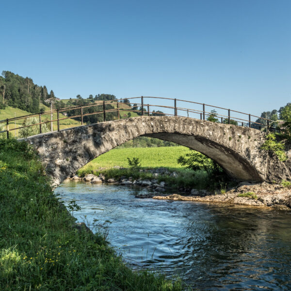 Steinbrücke über den Fluss Thur in grüner Landschaft