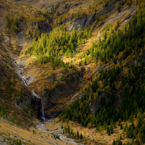 Wasserfall im Ticinetto-Tal, umgeben von herbstlichen Lärchenwäldern.