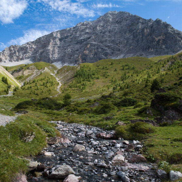 Tiejerbach: Bachlauf in alpiner Landschaft mit Bergen und grünen Wiesen im Hintergrund.