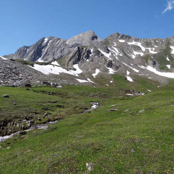 Berglandschaft mit Schnee und einem Bach, Torrent de l'A im Vordergrund.