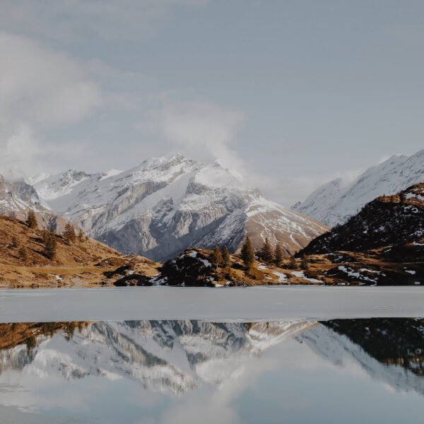 Schneebedeckte Berge, die sich in einem ruhigen, teilweise zugefrorenen See spiegeln, mit Grasflächen und Bäumen an den Hängen unter einem bewölkten Himmel.