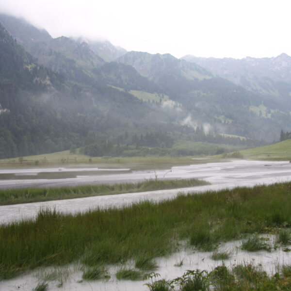 Tschingelseeli: Trübe Wasserlandschaft mit Bergen und Nebel.
