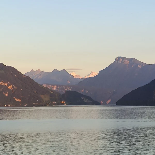 In einem ruhigen Vierwaldstättersee spiegeln sich die umliegenden Berge bei Sonnenuntergang, und das weiche Licht beleuchtet die Gipfel und Kämme. Der Himmel ist klar, und im Hintergrund ist ein entfernter schneebedeckter Berg in der Schweiz zu sehen.
