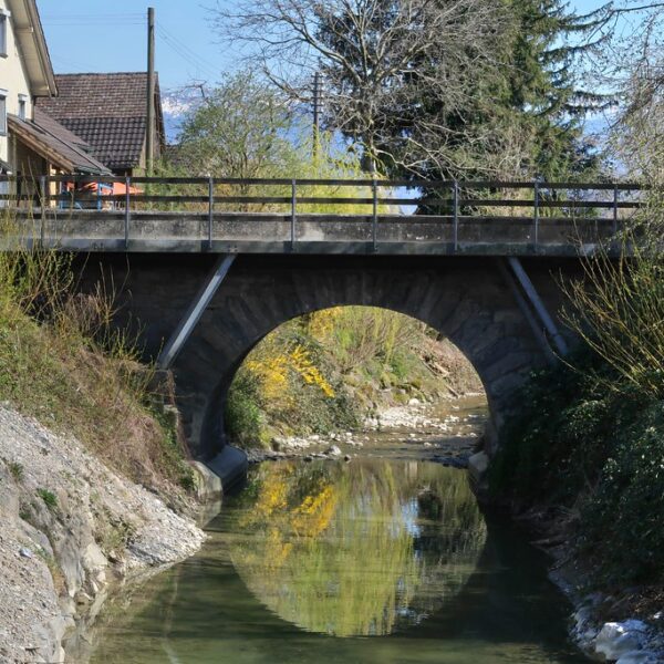 Brücke über den Widenbach in Altstätten, mit Spiegelung im Wasser.