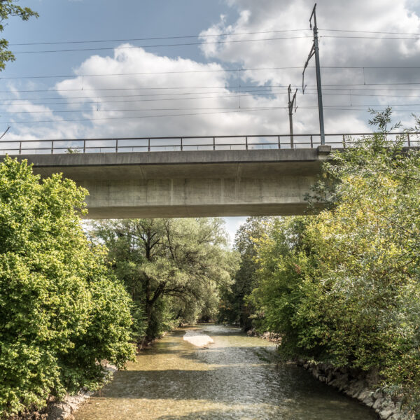 Fluss Wigger unter einer Eisenbahnbrücke, umgeben von üppigem Grün und Bäumen.