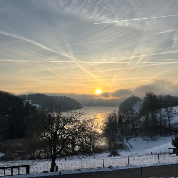 Eine Winterlandschaft bei Sonnenaufgang zeigt ein verschneites Feld, kahle Bäume und einen ruhigen See, in dem sich die Sonne spiegelt. Nebel steigt über dem Wasser auf, und der Himmel ist von Wolken und Kondensstreifen durchzogen. Im Vordergrund führt eine Straße entlang.