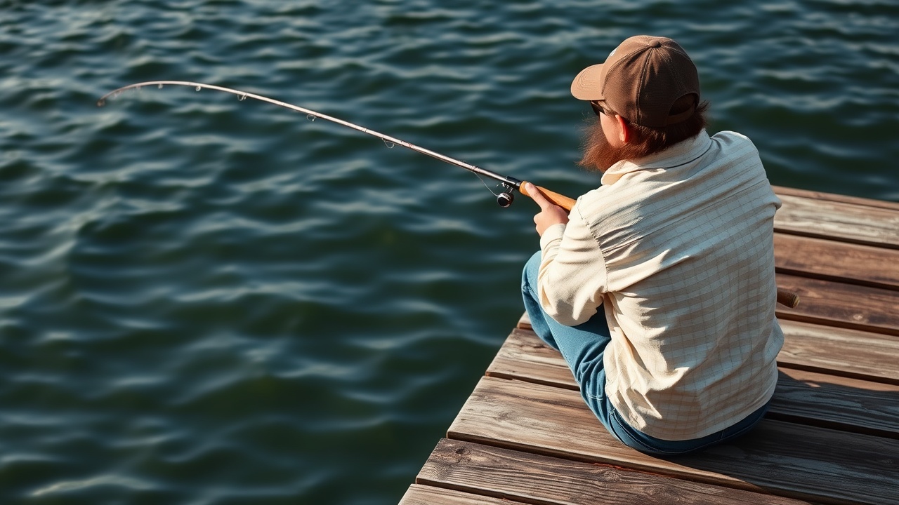 Angler sitzt auf einem Steg und fischt. Dein Start in die Fischerei.