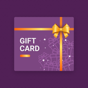 Eine lilafarbene Geschenkkarte mit einem orangefarbenen Band und einer Schleife, auf der in weißer Schrift "GIFT CARD" steht und die Geschenke im Hintergrund umrandet sind, vor einem dunkelvioletten, wellenförmigen Hintergrund.