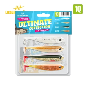 Die Ultimate Collection klares Wasser 10 cm enthält vier Köder - Sunny, Whisky, Rocky und Sheriff - mit jeweils einzigartigen Farben für optimales Angeln in klarem Wasser.