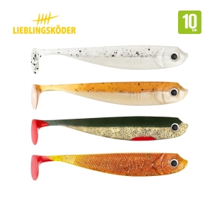 Vier Weichplastikköder aus der Ultimate Collection klares Wasser 10 cm sind horizontal mit Paddelschwänzen und realistischem Fischaugen-Design dargestellt. Rechts oben erscheint das LIEBLINGSKÖDER-Logo und die Aufschrift "10 cm".