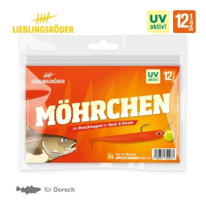Die Möhrchen 12,5 cm Angelköder-Verpackung für Dorsch enthält ein orangefarbenes Köderbild, eine Fischillustration und Informationen über UV-Aktivität und Ködergröße.