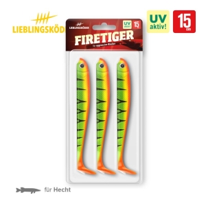 Ein Dreierpack Firetiger 15 cm Angelköder von Lieblingsköder in grün-orange mit schwarzen Streifen, entwickelt für Hecht und UV-aktiv.