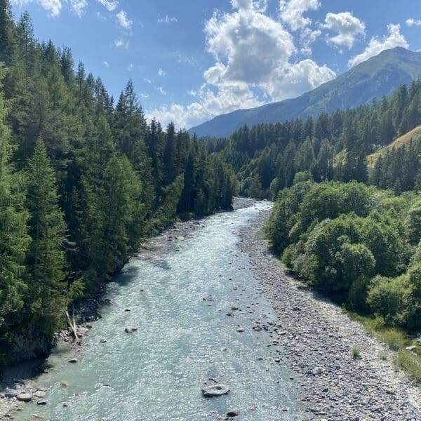 Ein klarer, blauer Fluss fließt durch ein felsiges Bett, flankiert von dichten grünen Kiefern und Hügeln, mit einem Berg und einem teilweise bewölkten Himmel im Hintergrund an einem sonnigen Tag.
