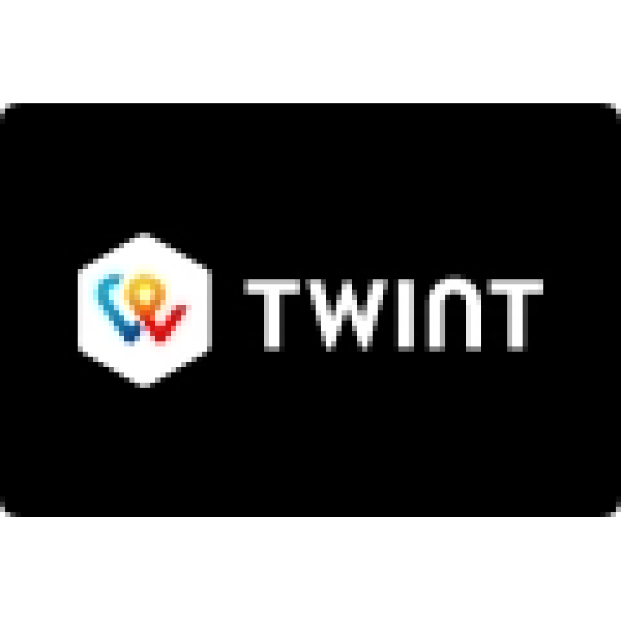 TWINT-Logo mit einem Sechseck mit einem bunten, abstrakten Symbol darin und dem Wort "TWINT" in fetten weißen Buchstaben auf schwarzem Hintergrund.